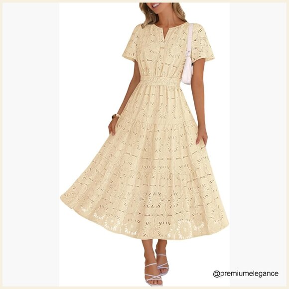 Dresses & Skirts - Summer Floral Maxi Dress Boho Eyelet Lace Short Sleeve A Line Tiered